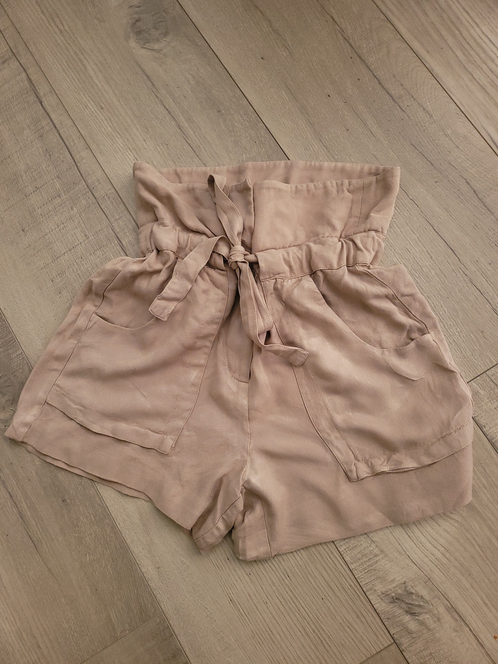 BCBGeneration High-Waist Paperbag Shorts in Blush Pink